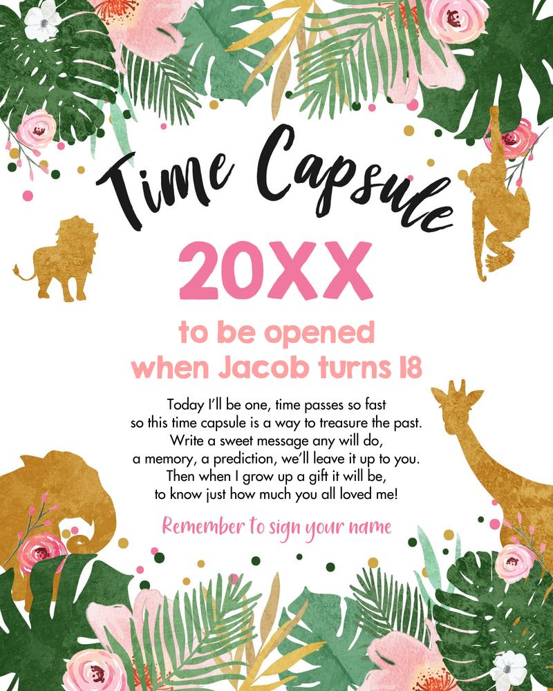 Editable Safari Time Capsule Pink & Gold First Birthday Wild One Canva Template