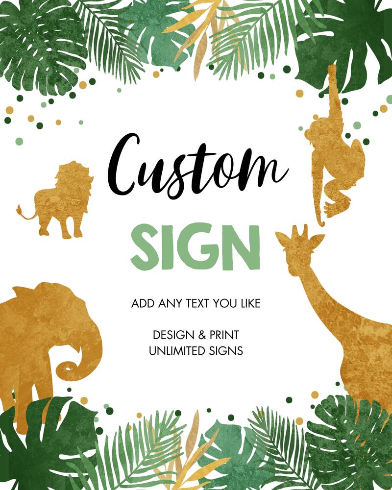 Safari Birthday Table Sign Template - Editable Jungle Green & Gold 8x10 Decor