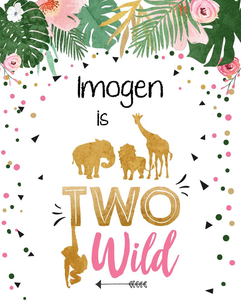 Two Wild Birthday Sign - Girl Safari Pink Gold Jungle Party Canva Template