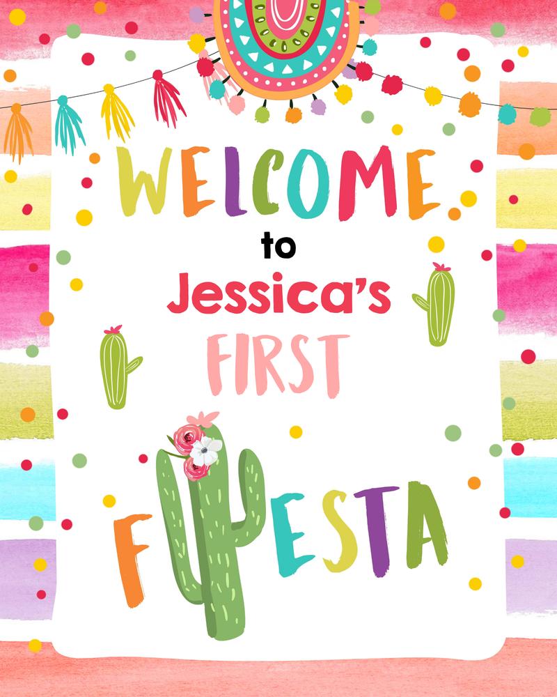 Editable 1st Birthday Fiesta Welcome Sign | Girls Pink Cactus Canva Template