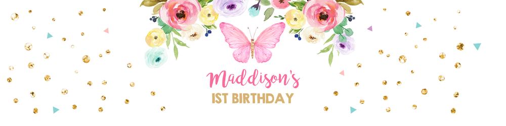 Butterfly 1st Birthday Water Bottle Labels | Pink & Gold Floral Garden Template