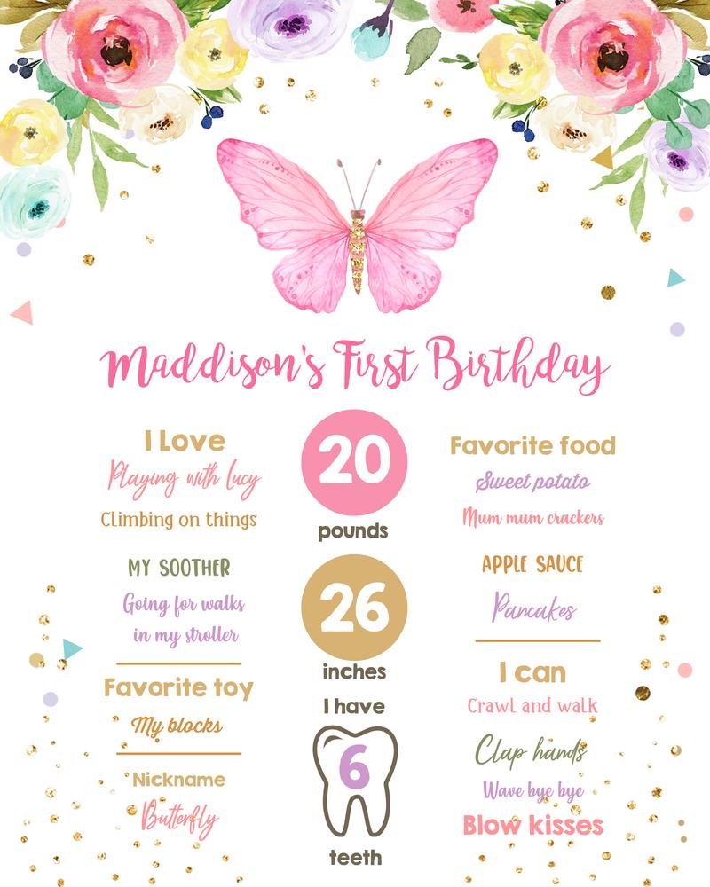 Butterfly 1st Birthday Milestone Poster | Pink and Gold Garden Canva Template