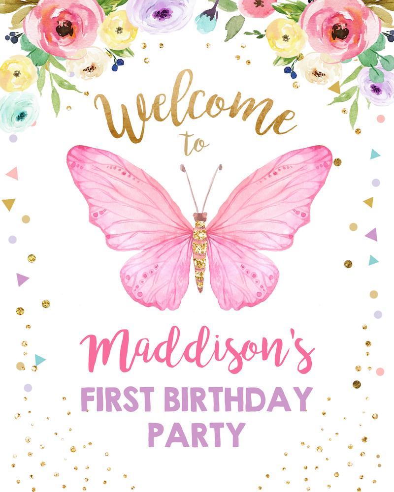 Butterfly Birthday Welcome Sign Template | Editable Pink Gold Floral Poster
