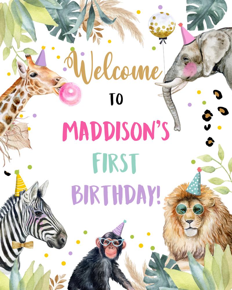 Editable Party Animals Birthday Welcome Sign - Pink Jungle Safari Girl Template