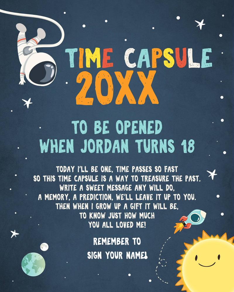 Outer Space Time Capsule First Birthday Guestbook | Astronaut Rocket Canva DIY
