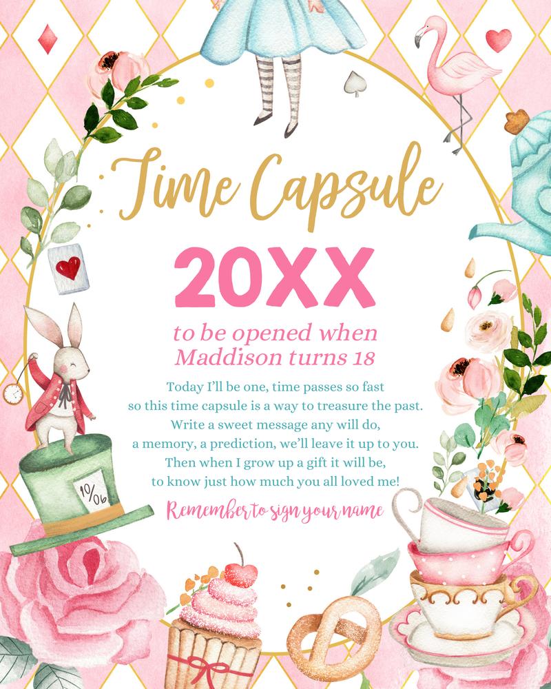 Alice in Onederland Time Capsule Template | First Birthday Guestbook Canva