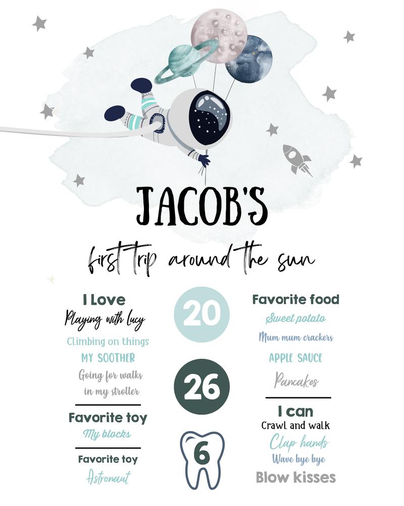 Astronaut 1st Birthday Milestone Sign | Editable Outer Space Canva Template