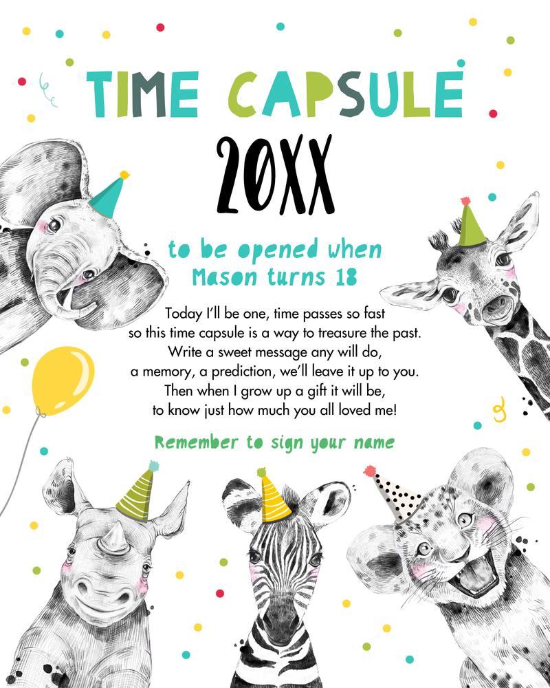 Editable Party Animals Time Capsule | Blue Wild One 1st Birthday Canva Template