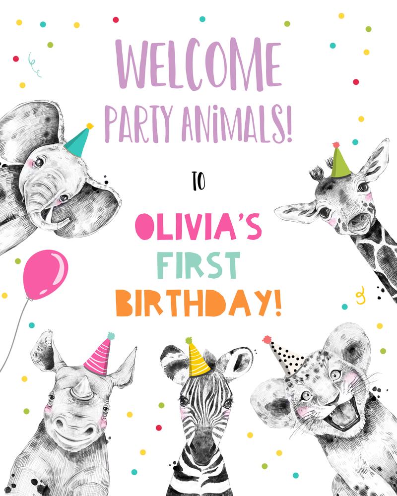 Party Animals Birthday Welcome Sign | Editable Jungle Safari Girl Template