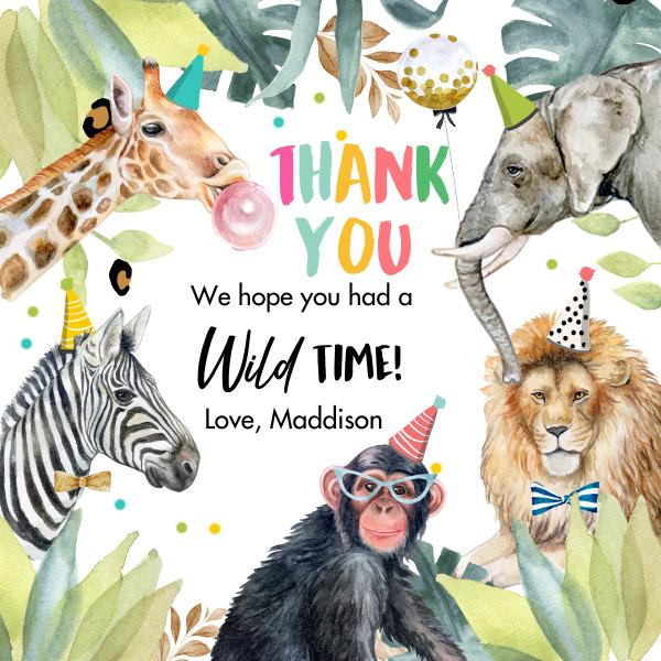 Party Animals Birthday Favor Tags | Editable Safari Zoo Girl Thank You Tag