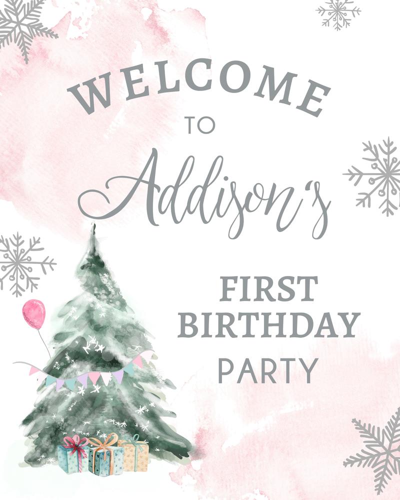 Winter Onederland Welcome Sign Pink Snowflake 1st Birthday Canva Template