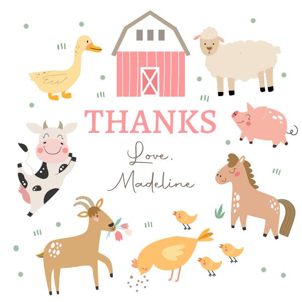 Pink Farm Animal Birthday Thank You Tags - Editable Canva Girl Barnyard Stickers