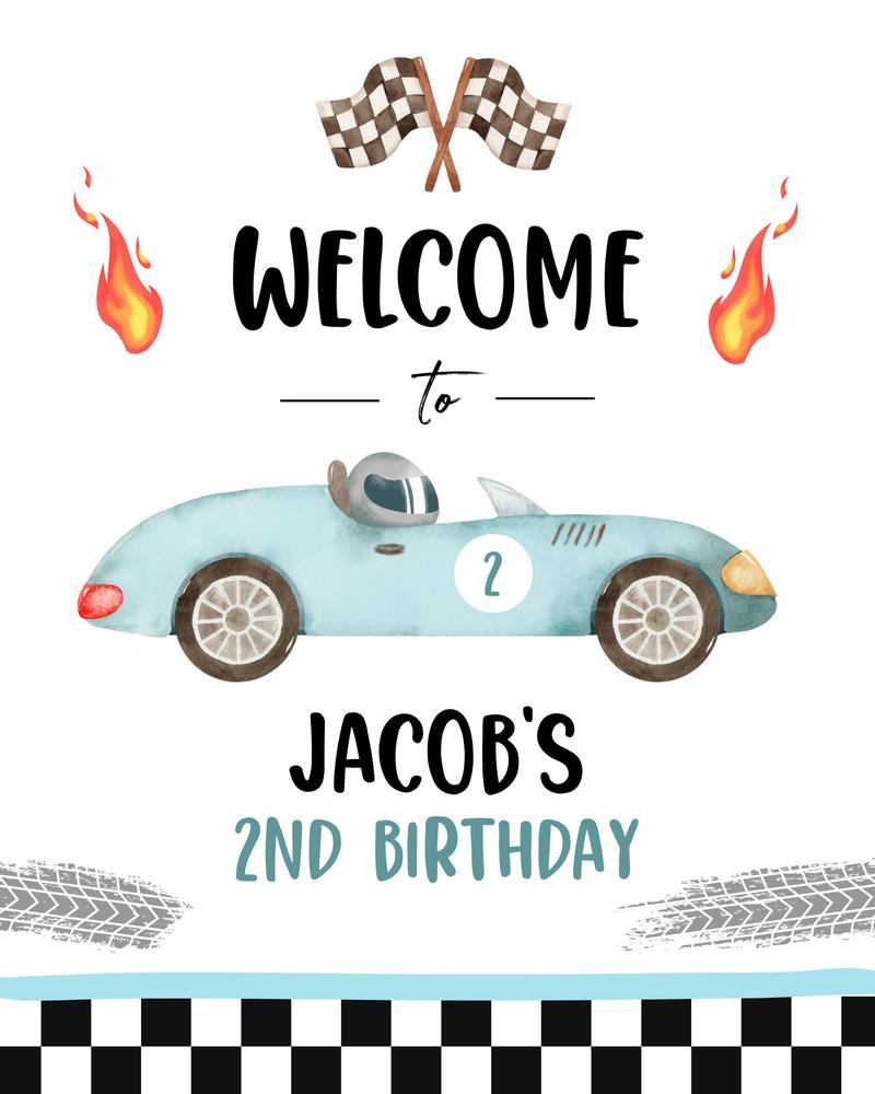 Two Fast Racing 2nd Birthday Welcome Sign - Blue Race Car Canva Template