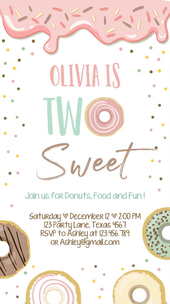 Editable Two Sweet 2nd Birthday Invitation | Pink Donut Phone Evite Template