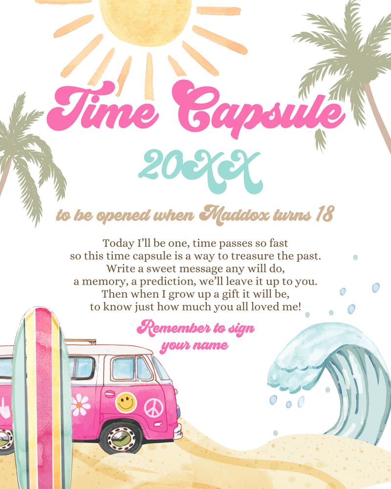 Editable Surf Time Capsule Template | Pink Retro Girl First Birthday Party Decor