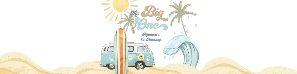 Editable Surfboard Water Bottle Labels | Retro 1st Birthday The Big One Template