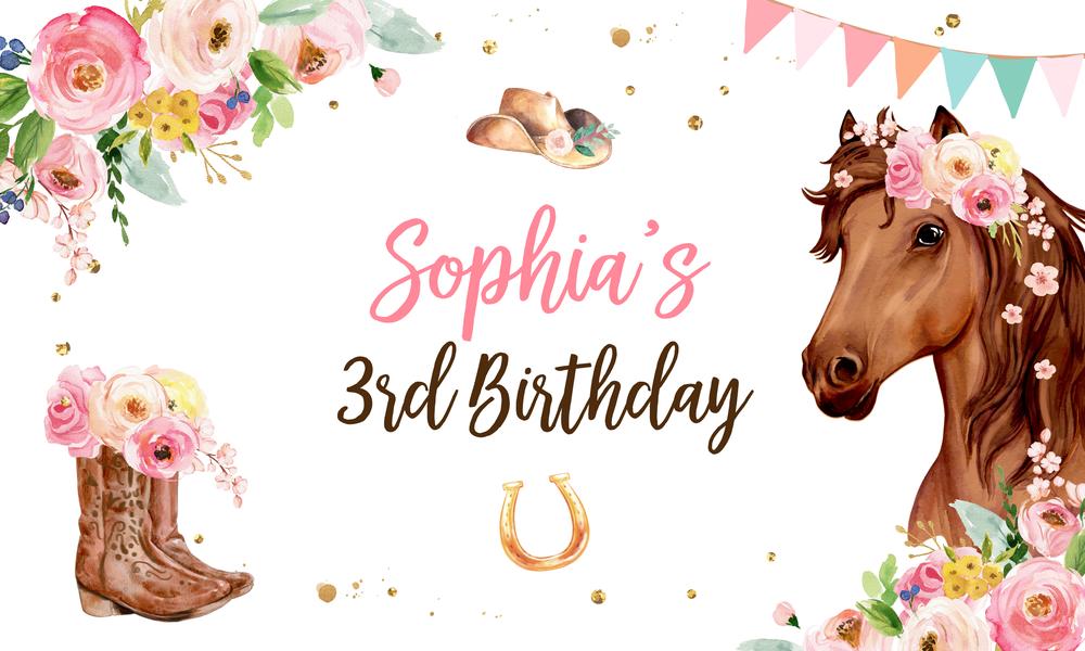Editable Horse Birthday Backdrop | Watercolor Cowgirl Party Sign Canva Template