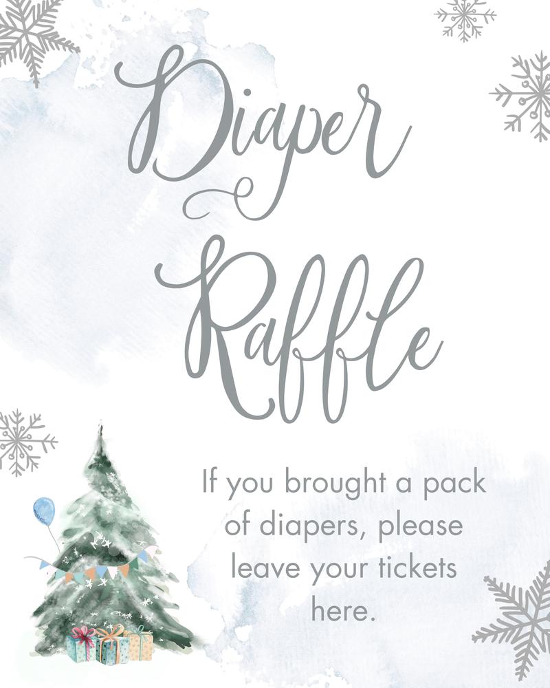 Winter Tree Diaper Raffle Sign | Snowflake Baby Shower Decor Canva Template