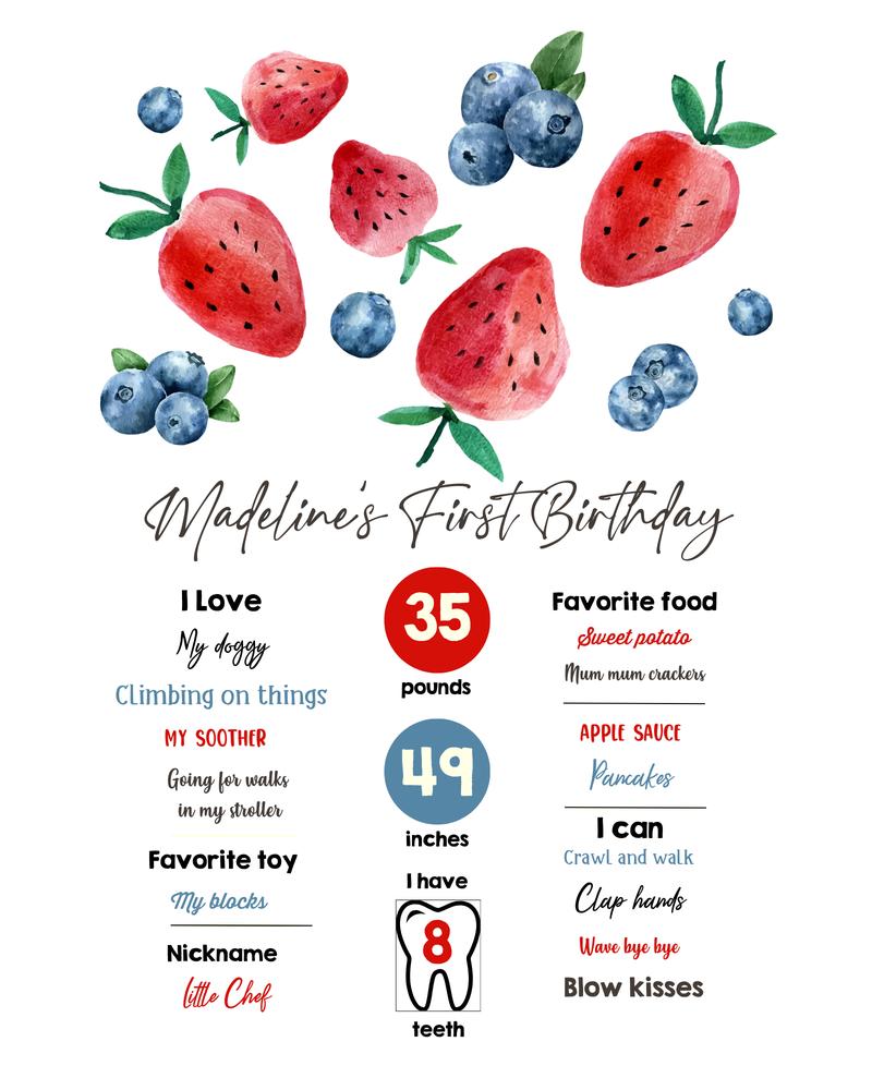 Berry First Birthday Milestone Sign | Editable Farmers Market Girl Poster