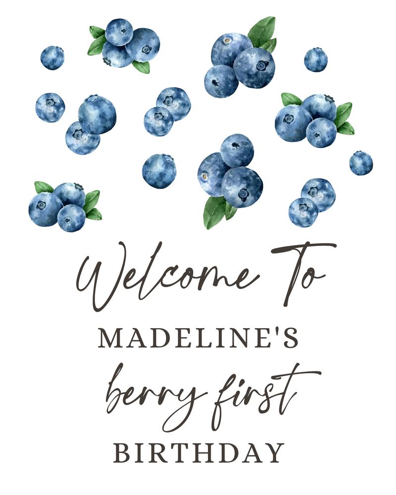 Berry First Birthday Welcome Sign | Blueberries Farmers Market Boy Canva Template