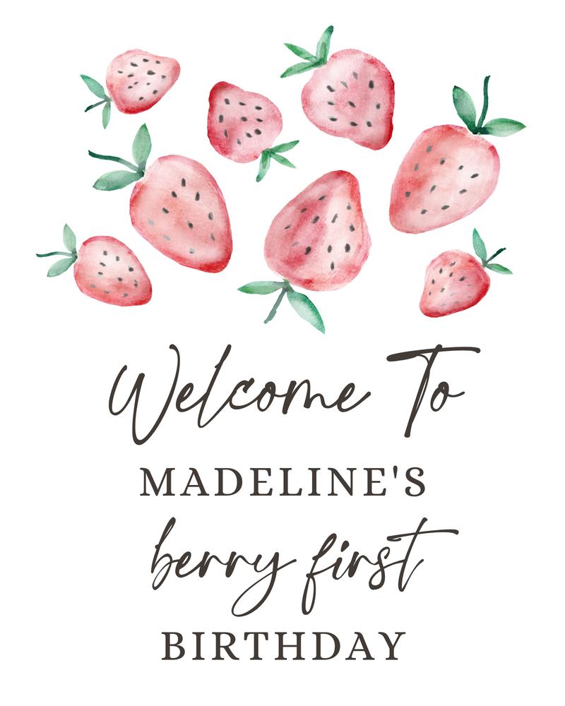 Strawberry Birthday Welcome Sign Template | Editable Girls Berry First Poster