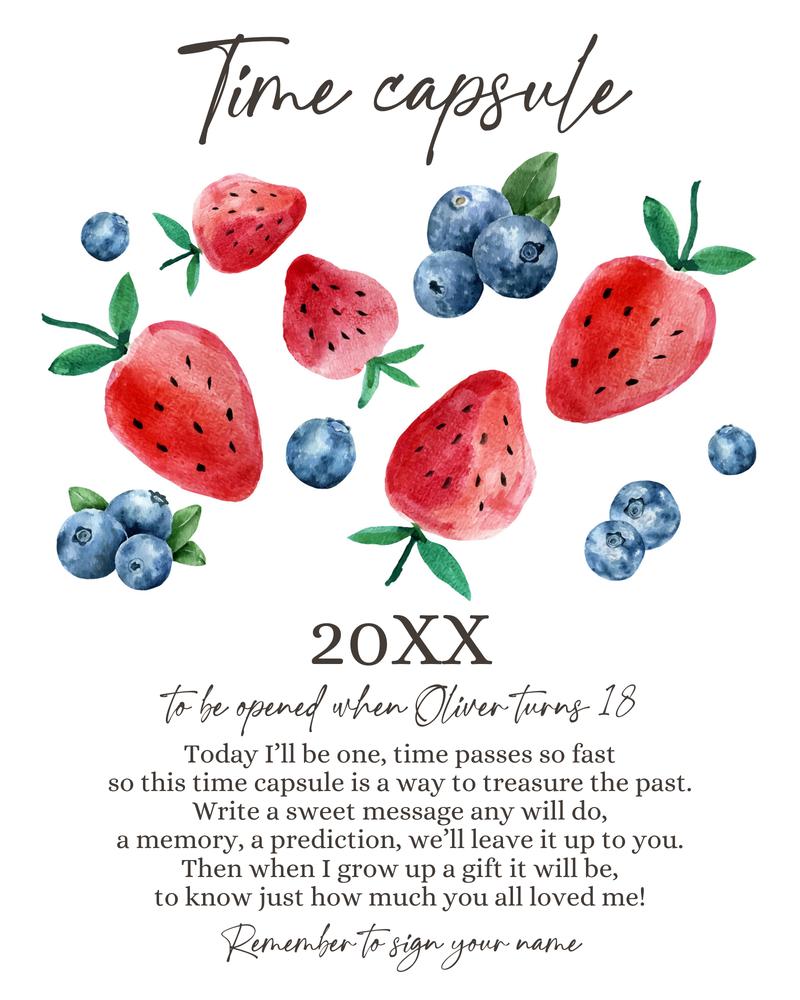 Editable Berry First Birthday Time Capsule Template | Strawberry & Blueberry Theme