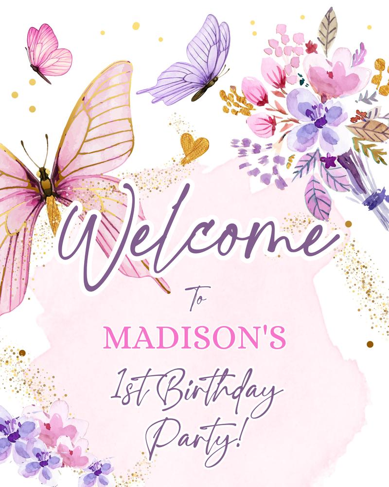 Editable Butterfly Birthday Welcome Sign Template | Pink & Gold Floral Garden
