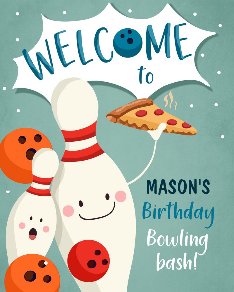 Bowling Birthday Welcome Sign | Editable Boys Party Poster Template
