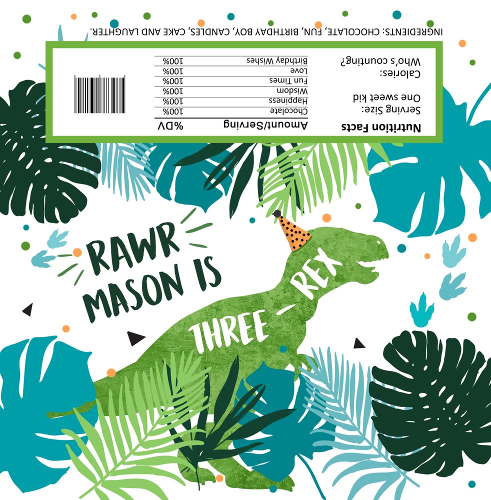 Editable Dinosaur Chocolate Bar Wrapper - Three Rex Birthday Canva Template