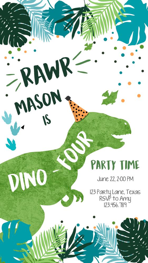 Editable Dino-Four 4th Birthday Invitation | Dinosaur Boy Phone Evite Canva