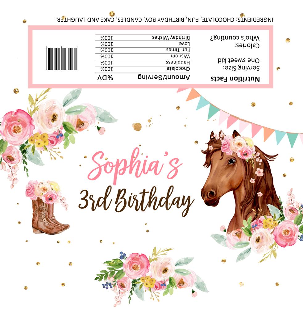 Horse Birthday Chocolate Bar Wrapper | Editable Cowgirl Candy Bar Label Canva