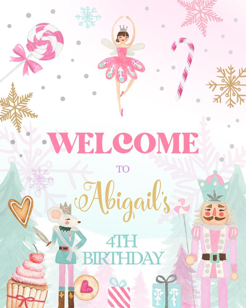 Nutcracker Birthday Welcome Sign Template | Pink & Gold Winter Onederland