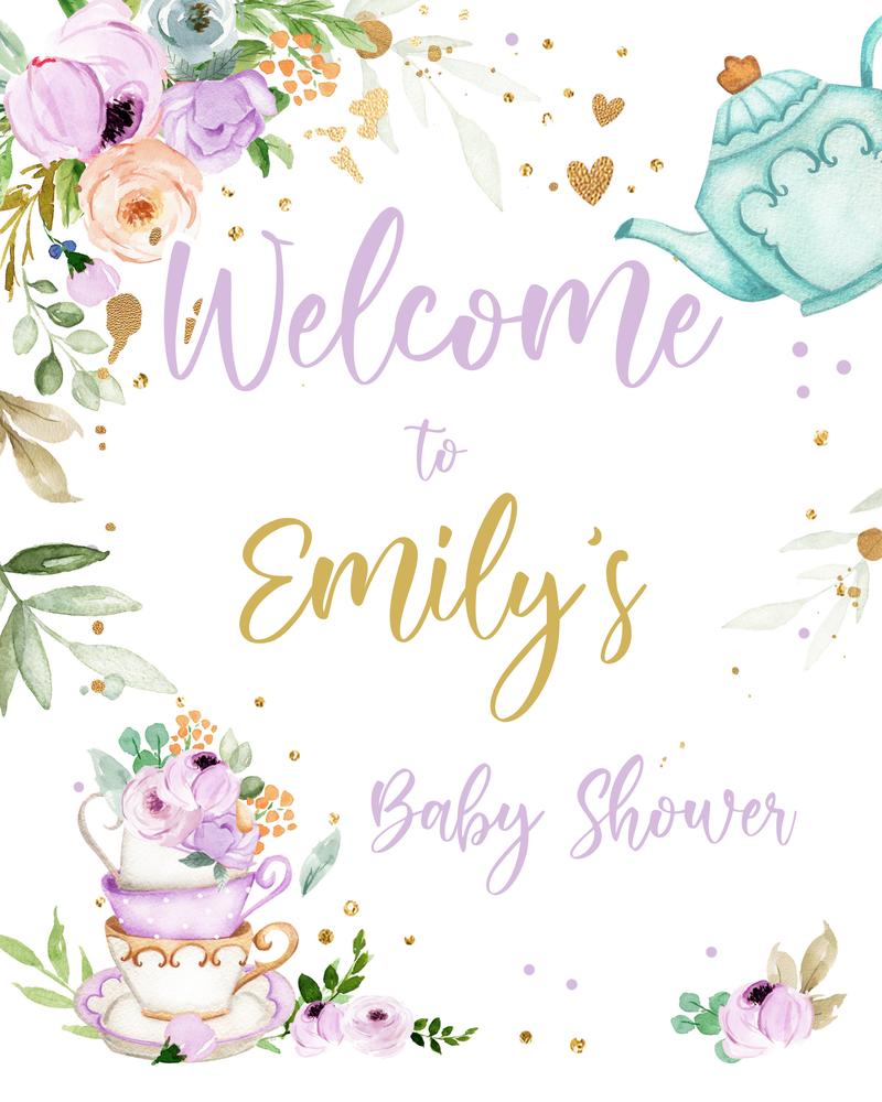 Purple Floral Tea Baby Shower Welcome Sign | Editable Canva Template