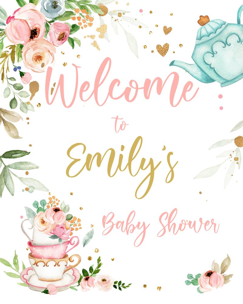 Editable Tea Baby Shower Welcome Sign | Pink Floral Girl Brewing Template