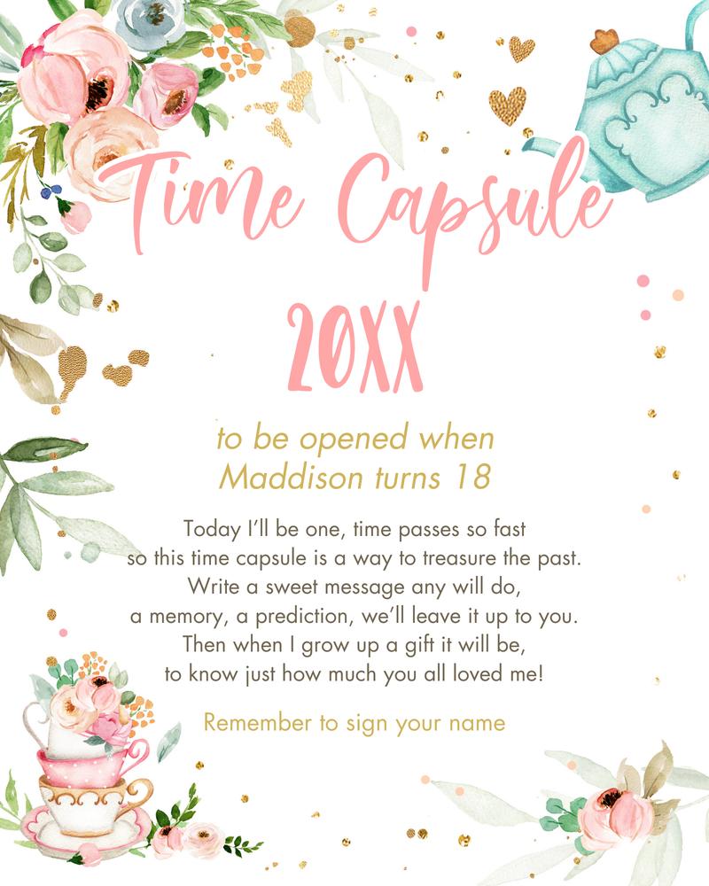 Editable Tea Party Time Capsule Template - Pink & Gold Floral Birthday