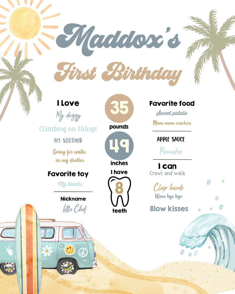 Editable Surf 1st Birthday Milestone Sign | Retro Surfs Up Boy Beach Poster
