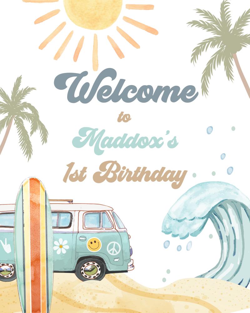 Editable Surf Birthday Welcome Sign | Retro Surfs Up Beach Party Wave Template