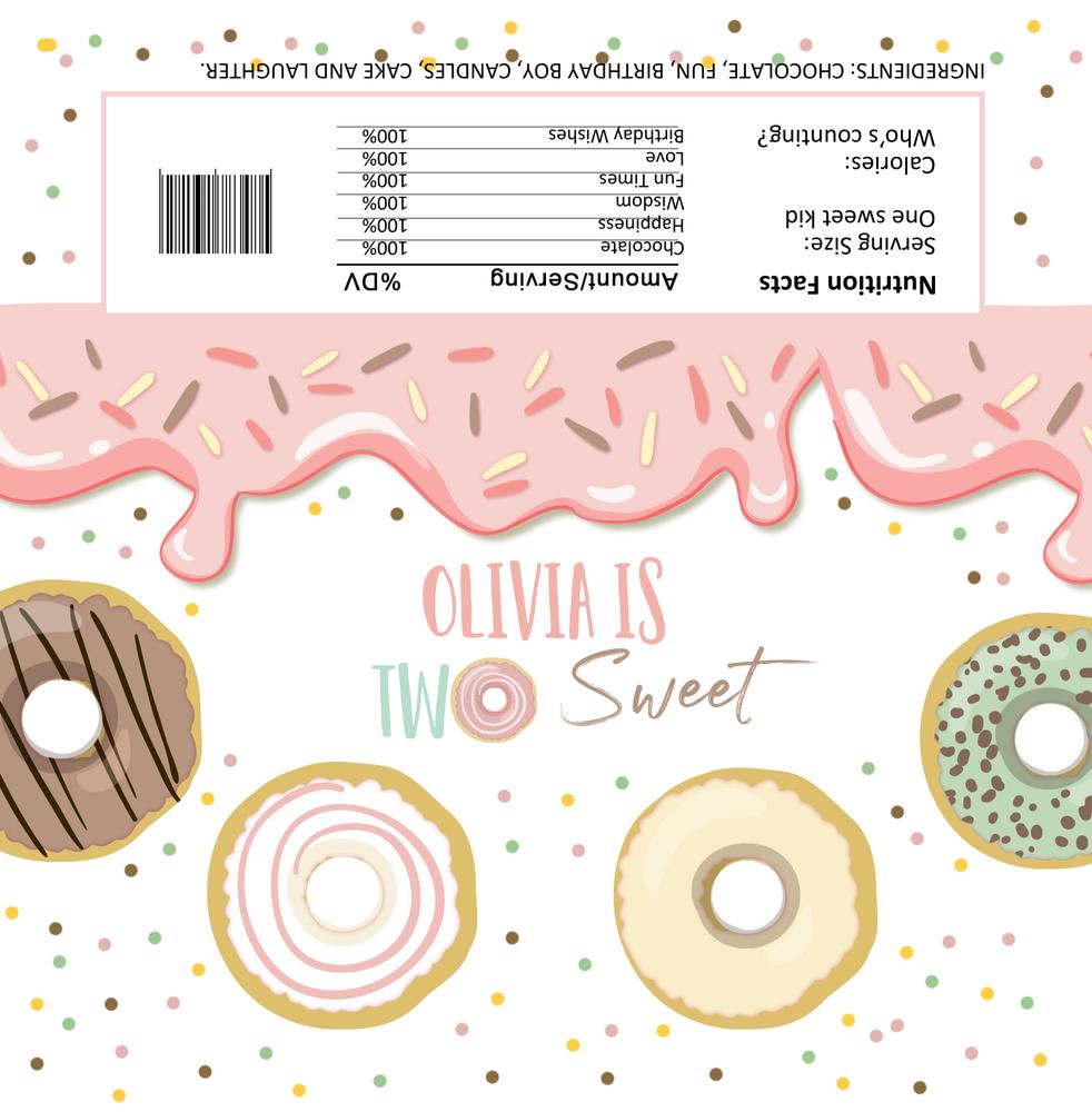 Two Sweet Donut Chocolate Bar Wrapper Template - Pink 2nd Birthday Editable Canva