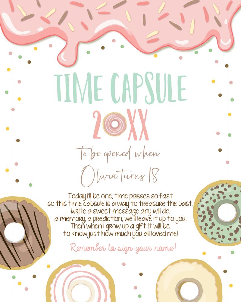 Editable Pink Donut First Birthday Time Capsule Template | Girls Donut Grow Up