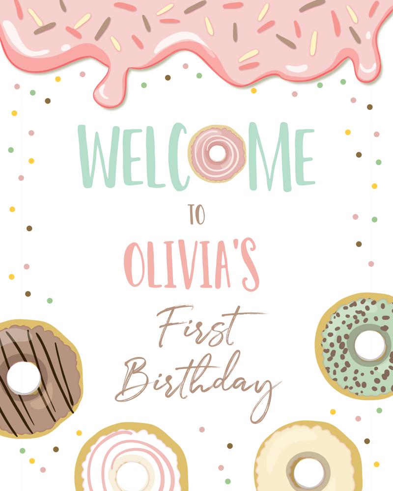 Editable Donut Welcome Sign | Pink Girl Birthday & Baby Shower Canva Template