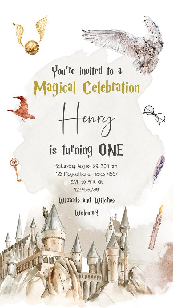 Editable Wizard Birthday Invitation | Magical Castle Phone Invite Canva Template