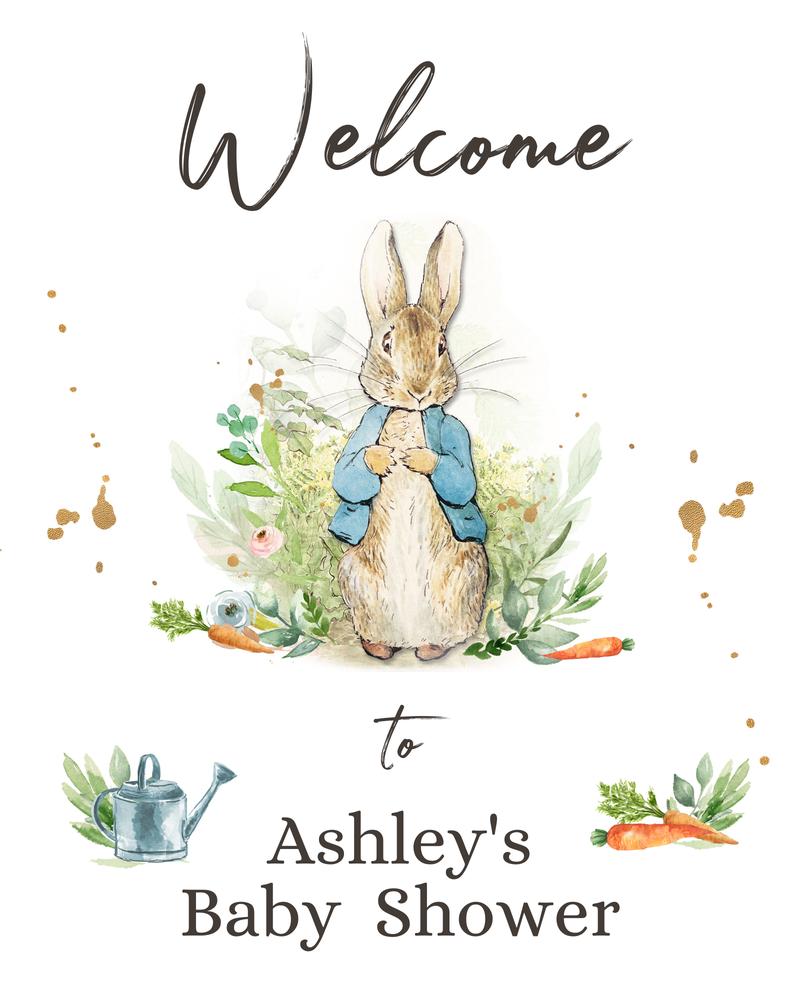 Peter Rabbit Baby Shower Welcome Sign | Editable Watercolor Bunny Template