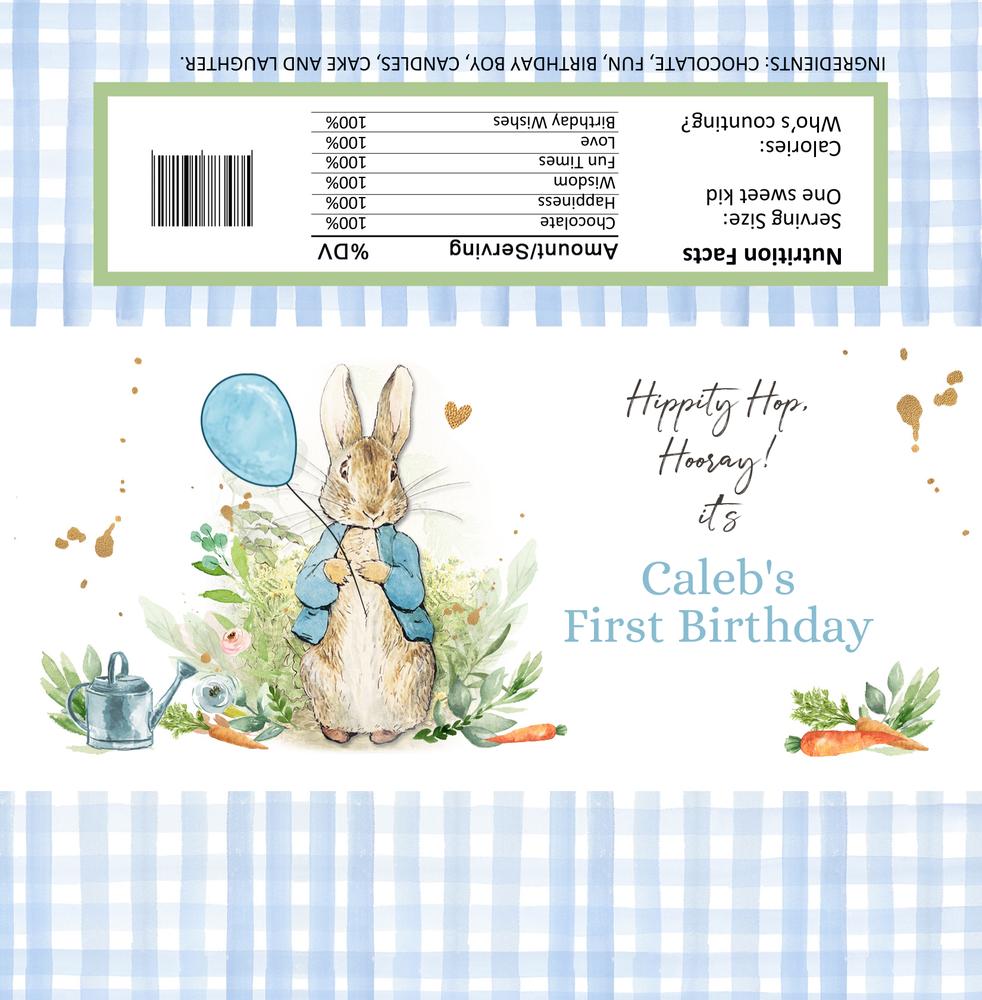Peter Rabbit Chocolate Bar Wrapper | Editable Blue Bunny Birthday Candy Label