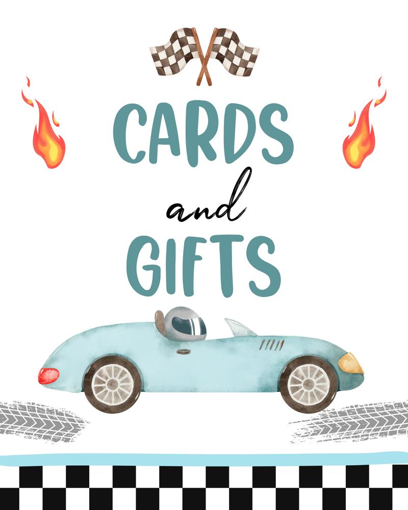 Race Car Cards and Gifts Sign | Two Fast Birthday Decor | Editable Canva Template