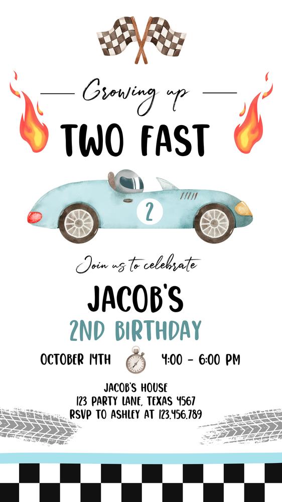 Racing Car 2nd Birthday Invitation | Two Fast Editable Canva Phone Template