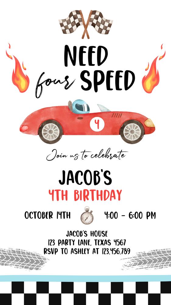 Editable Racing Car 4th Birthday Invitation, Need Four Speed Phone Evite Canva