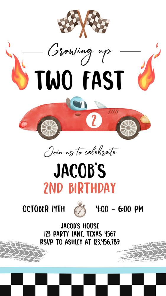 Racing Car 2nd Birthday Invitation | Editable Two Fast Phone Evite Template