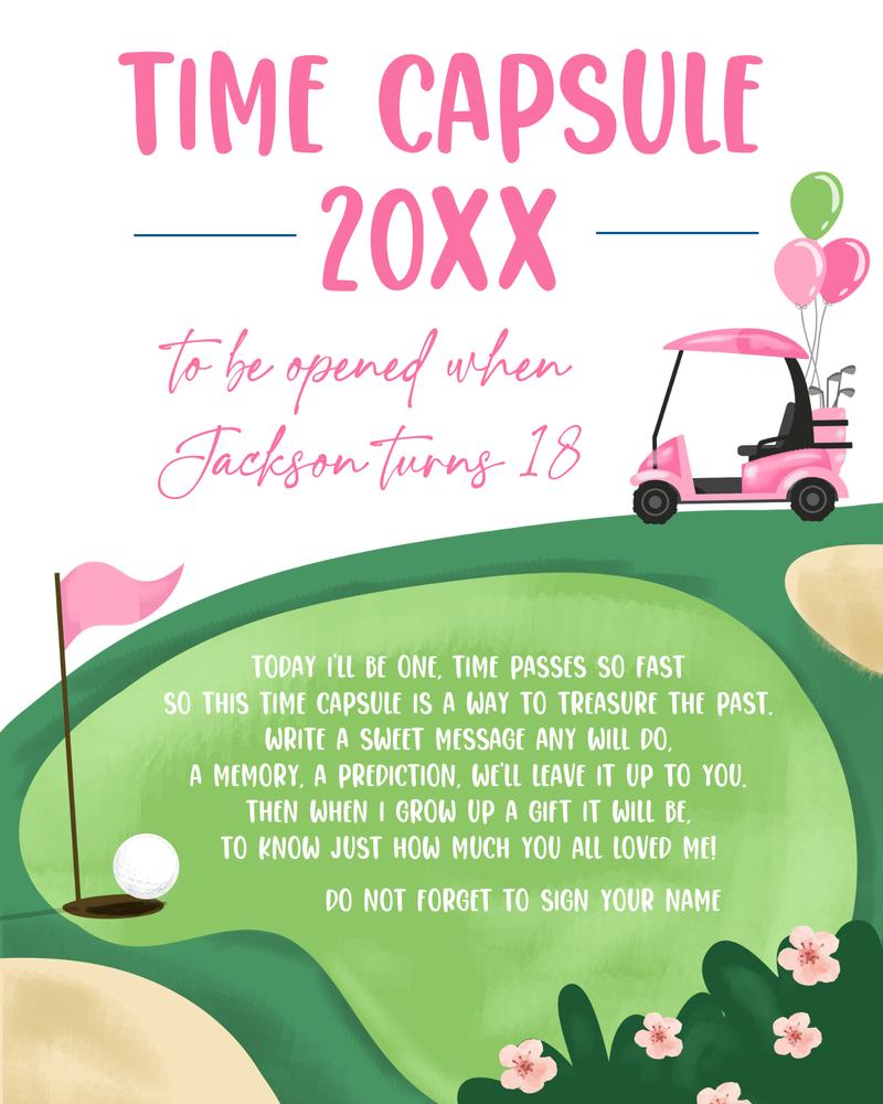 Editable Pink Golf Time Capsule | Girls Hole in One 1st Birthday Guestbook