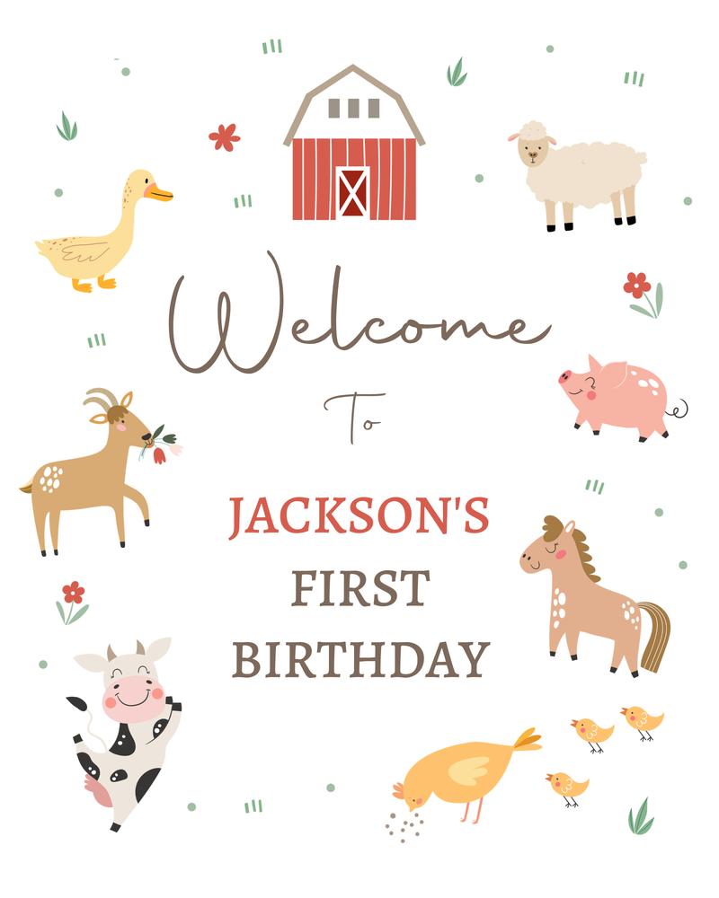 Editable Farm Birthday Welcome Sign | Red Barnyard Animals Canva Template