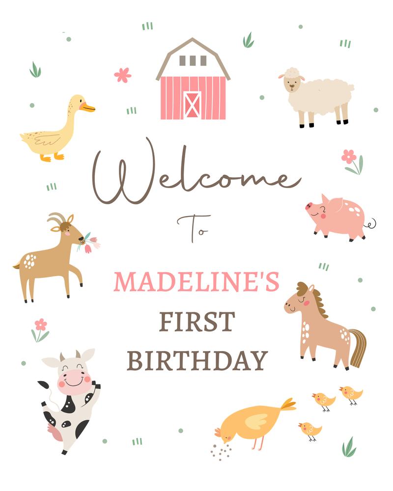 Pink Farm Animals Birthday Welcome Sign | Editable Canva Template